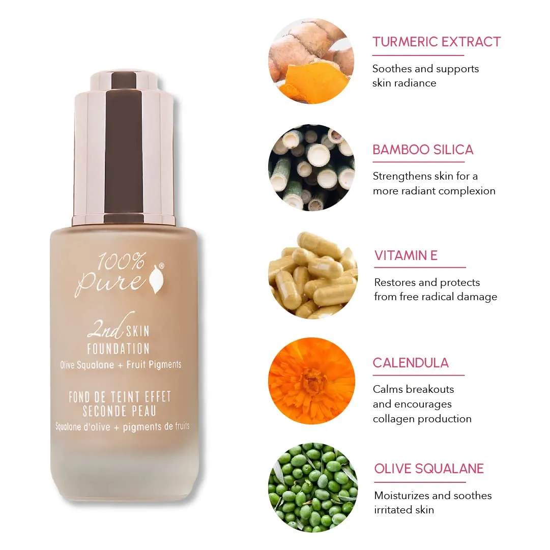 100% PURE 2nd Skin Lightweight Serum Foundation Anti-Aging Face Makeup - Blendable Coverage Liquid Hydration Boost for Soft Plumped Up Glow, Vegan Shade 5 (Neutral w/Peachy Undertone) - 1.18 Fl Oz