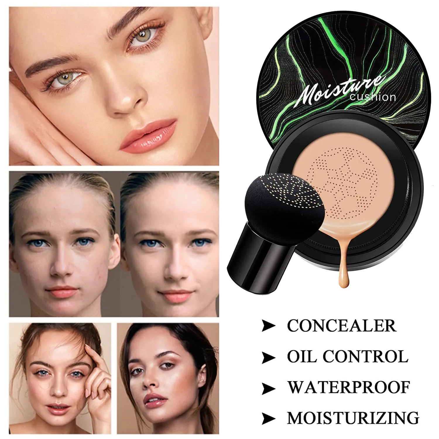 2 PCS Mushroom Head Air Cushion CC Cream Nature Foundation,Foundation Brush Powder Brush,Moisturizing Concealer, Bright Makeup Base Long Lasting with Mushroom Makeup Sponge (2PCS #01 Ivory)