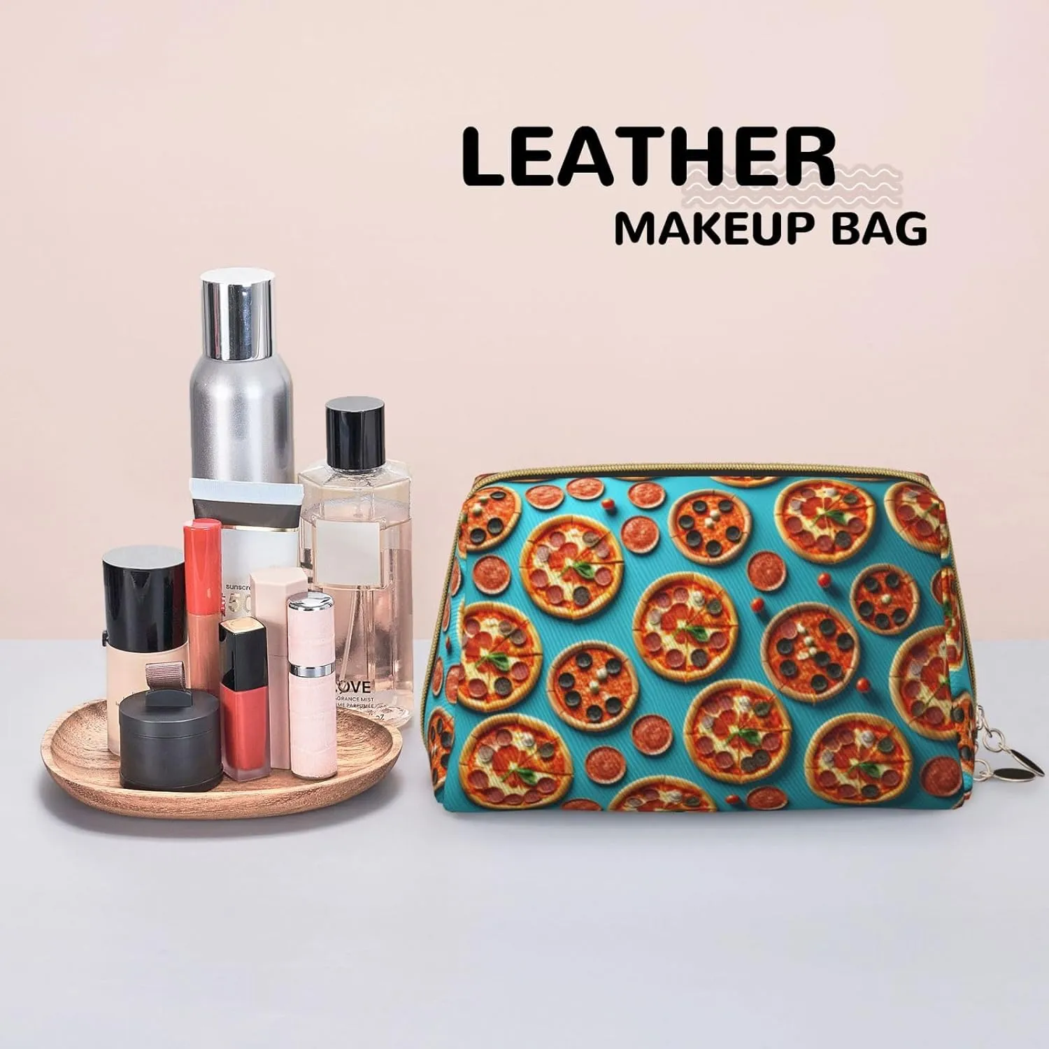 3D Pizza Pepperoni Printed Small Makeup Bag,Travel Cosmetic Bag Purse with Zipper,Water-resistant Makeup Organizer Bag for Women