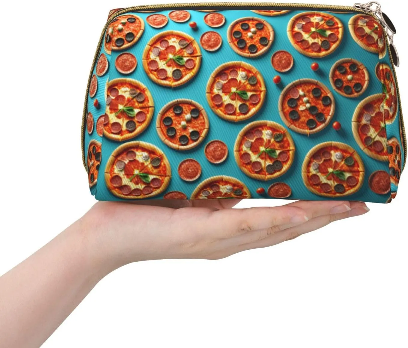 3D Pizza Pepperoni Printed Small Makeup Bag,Travel Cosmetic Bag Purse with Zipper,Water-resistant Makeup Organizer Bag for Women
