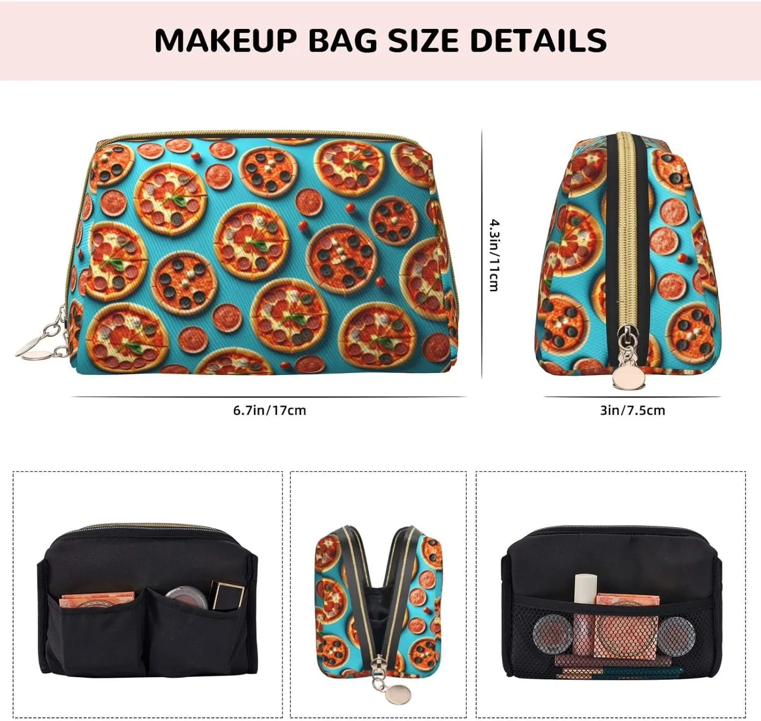 3D Pizza Pepperoni Printed Small Makeup Bag,Travel Cosmetic Bag Purse with Zipper,Water-resistant Makeup Organizer Bag for Women