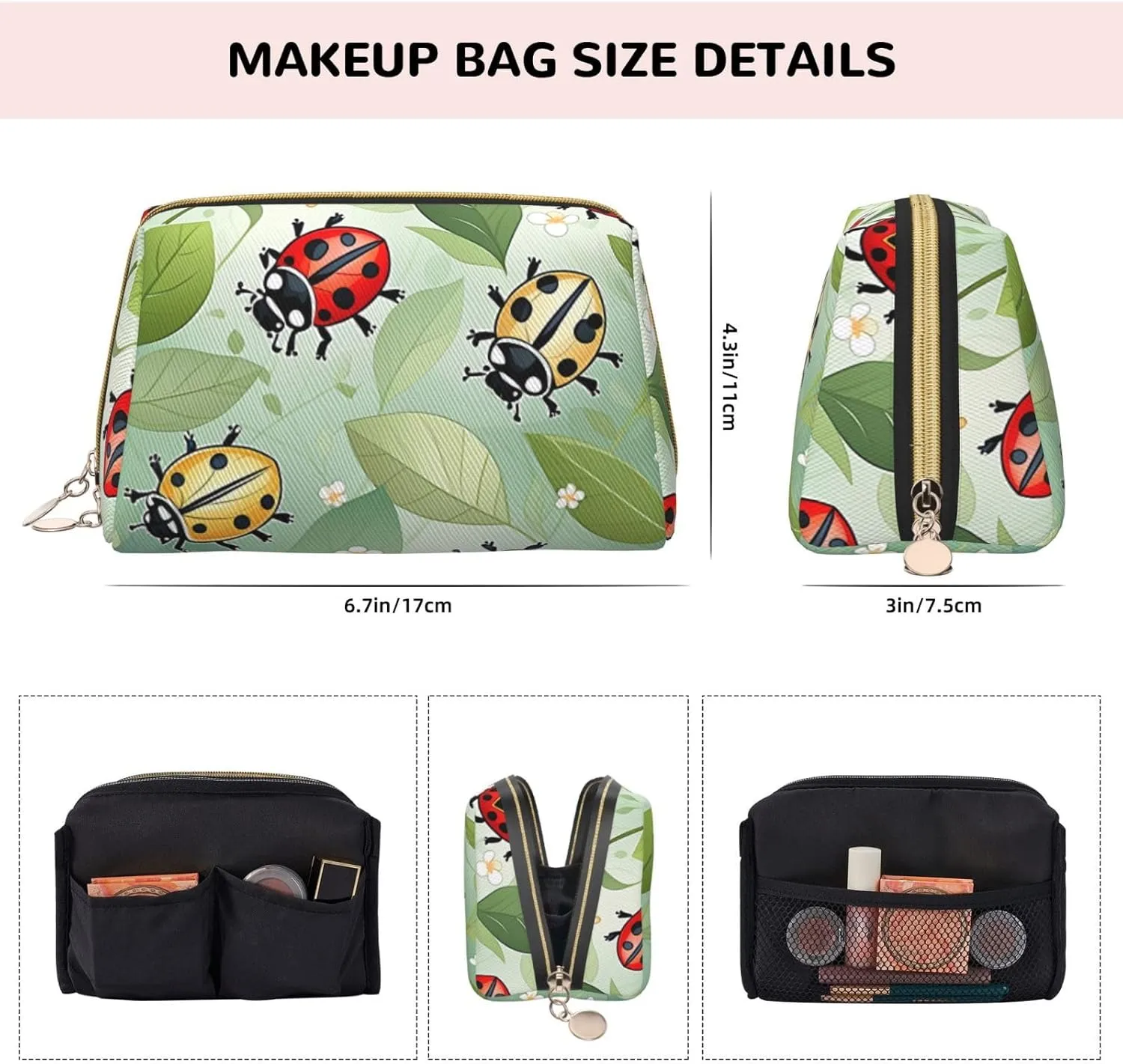 Art Ladybug Tracks Printed Small Makeup Bag,Travel Cosmetic Bag Purse with Zipper,Water-resistant Makeup Organizer Bag for Women