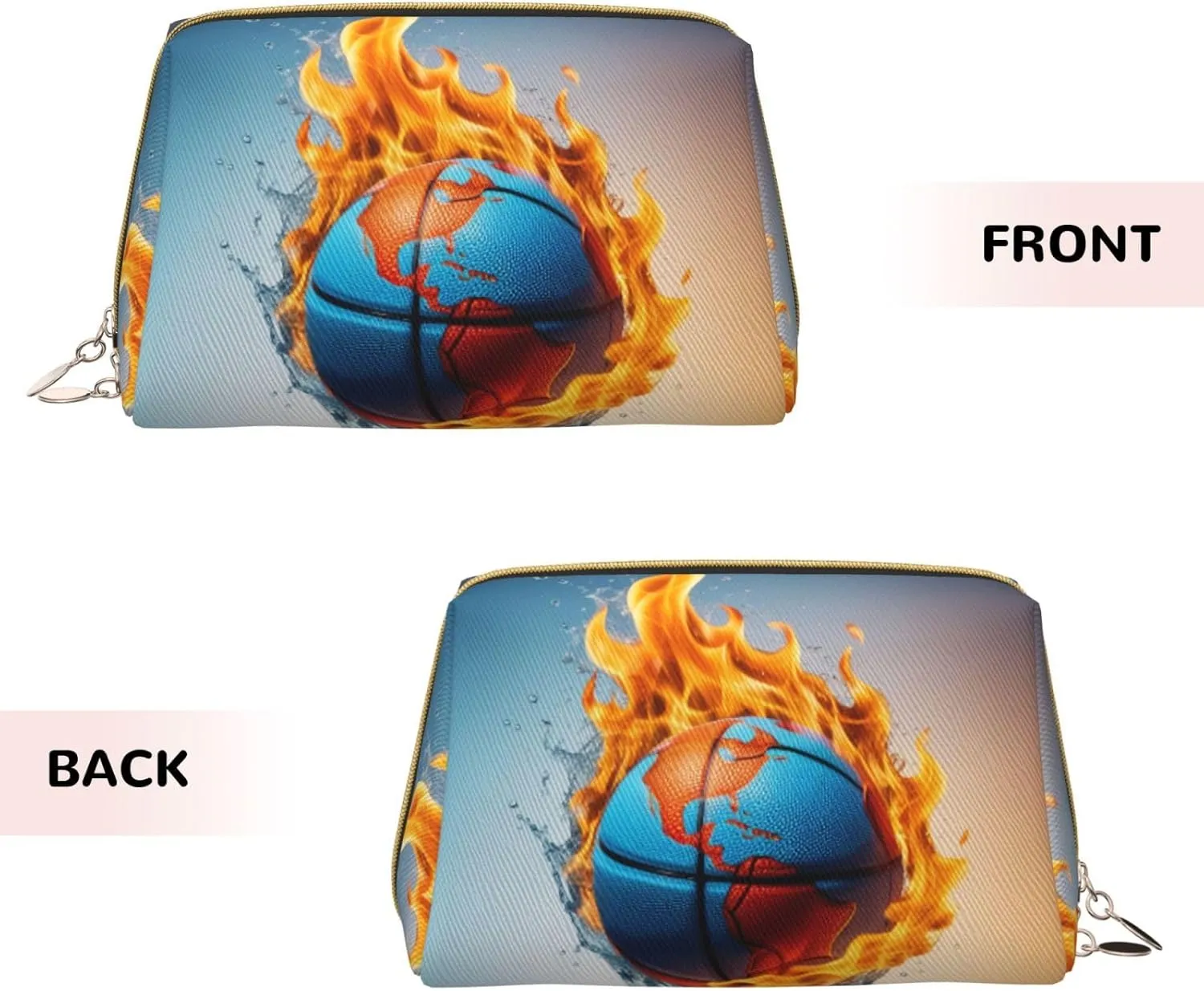 Basketball on Fire and Water Flame Splashing Printed Small Makeup Bag,Travel Cosmetic Bag Purse with Zipper,Water-resistant Makeup Organizer Bag for Women