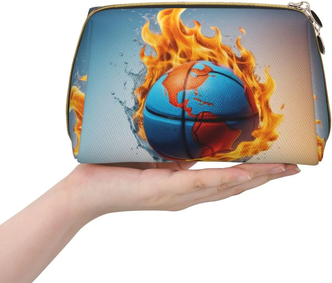 Basketball on Fire and Water Flame Splashing Printed Small Makeup Bag,Travel Cosmetic Bag Purse with Zipper,Water-resistant Makeup Organizer Bag for Women