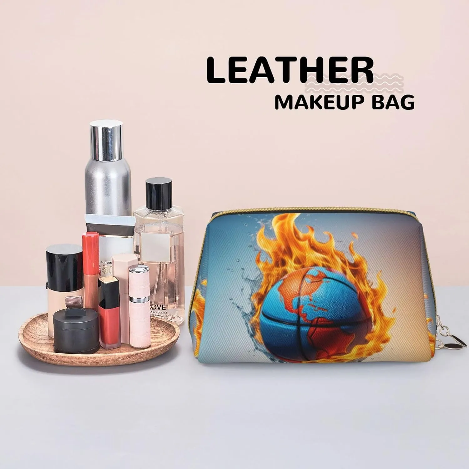 Basketball on Fire and Water Flame Splashing Printed Small Makeup Bag,Travel Cosmetic Bag Purse with Zipper,Water-resistant Makeup Organizer Bag for Women