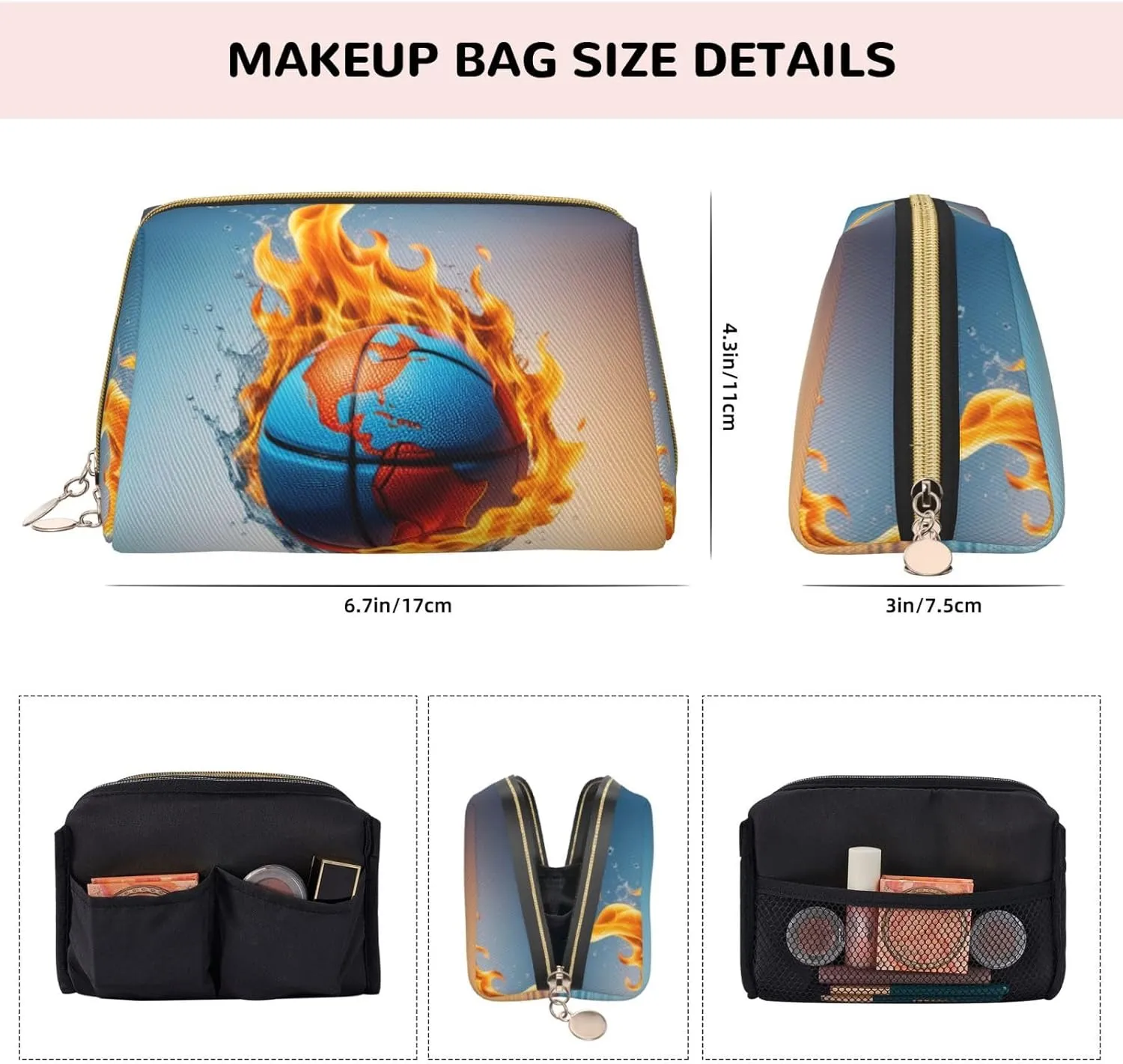 Basketball on Fire and Water Flame Splashing Printed Small Makeup Bag,Travel Cosmetic Bag Purse with Zipper,Water-resistant Makeup Organizer Bag for Women
