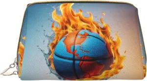 Basketball on Fire and Water Flame Splashing Printed Small Makeup Bag,Travel Cosmetic Bag Purse with Zipper,Water-resistant Makeup Organizer Bag for Women