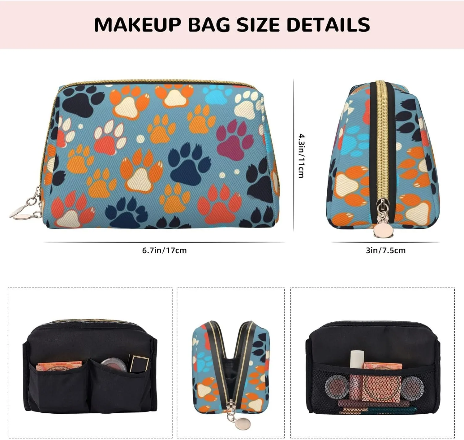 Bear paw Printed Small Makeup Bag,Travel Cosmetic Bag Purse with Zipper,Water-resistant Makeup Organizer Bag for Women