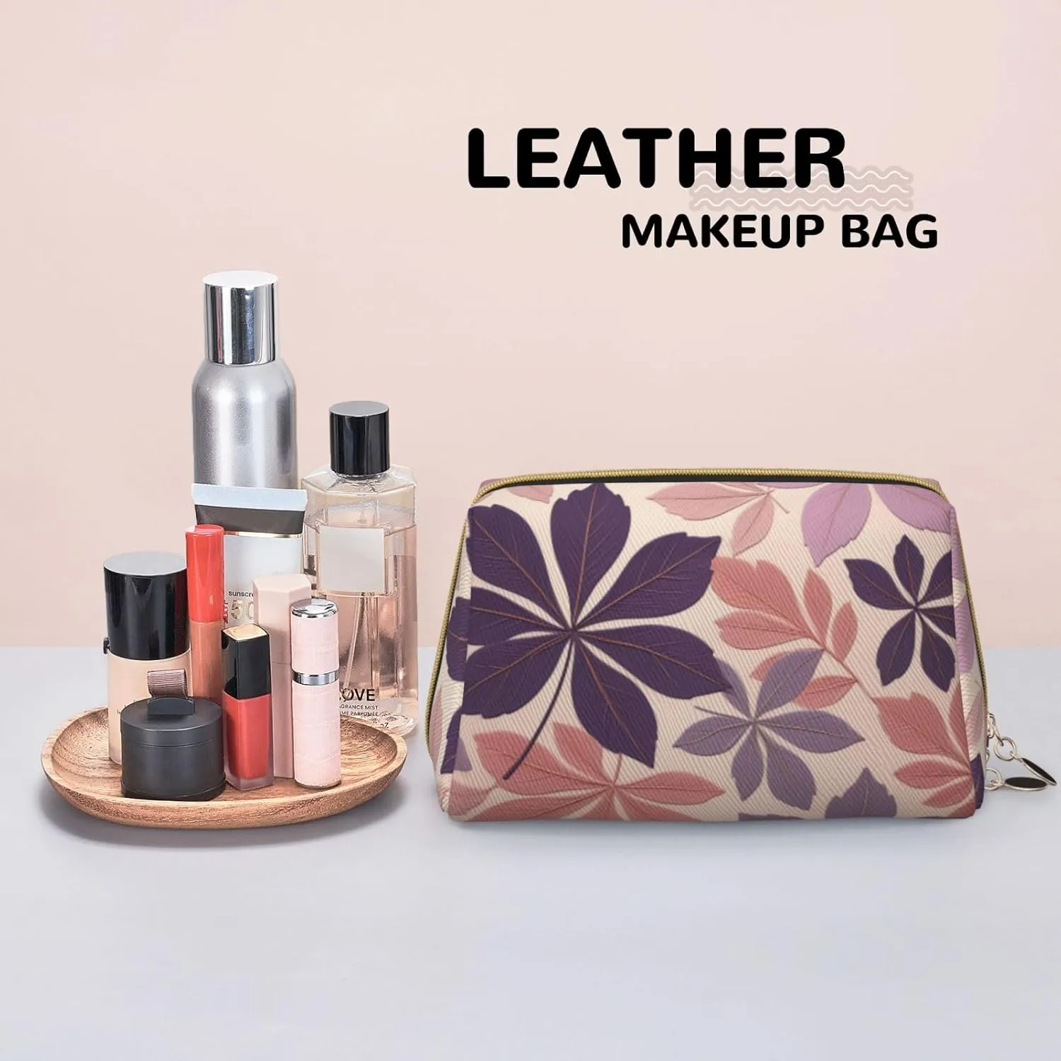 Beautiful grape leaves Printed Small Makeup Bag,Travel Cosmetic Bag Purse with Zipper,Water-resistant Makeup Organizer Bag for Women