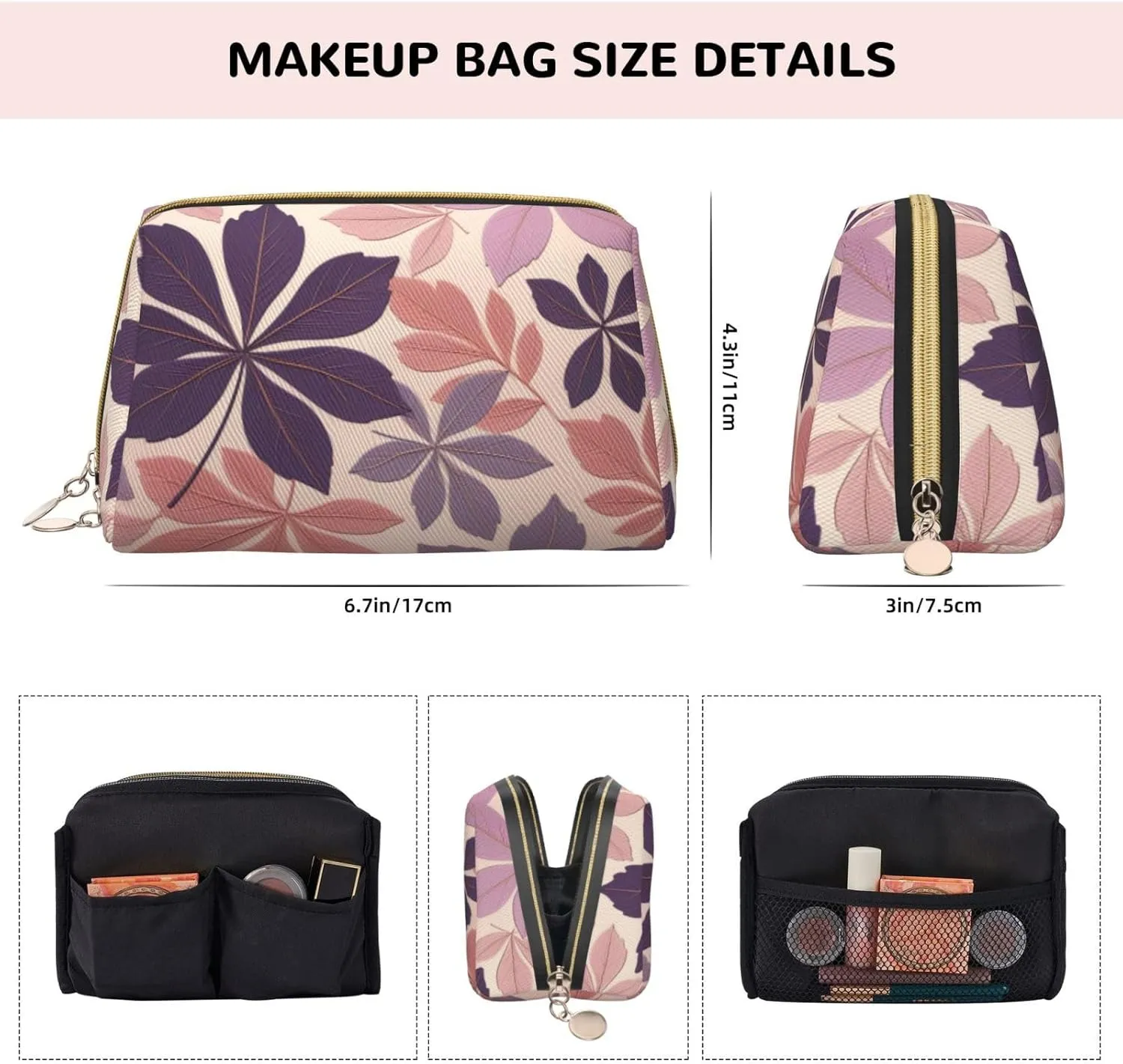 Beautiful grape leaves Printed Small Makeup Bag,Travel Cosmetic Bag Purse with Zipper,Water-resistant Makeup Organizer Bag for Women