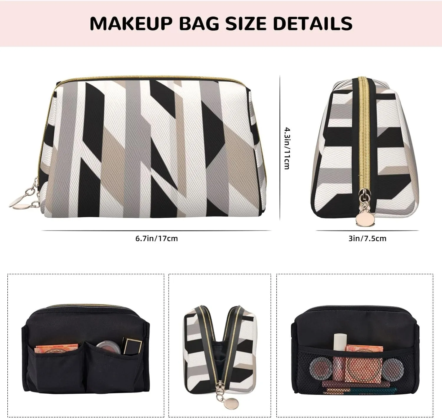 Black White Stripe Printed Small Makeup Bag,Travel Cosmetic Bag Purse with Zipper,Water-resistant Makeup Organizer Bag for Women