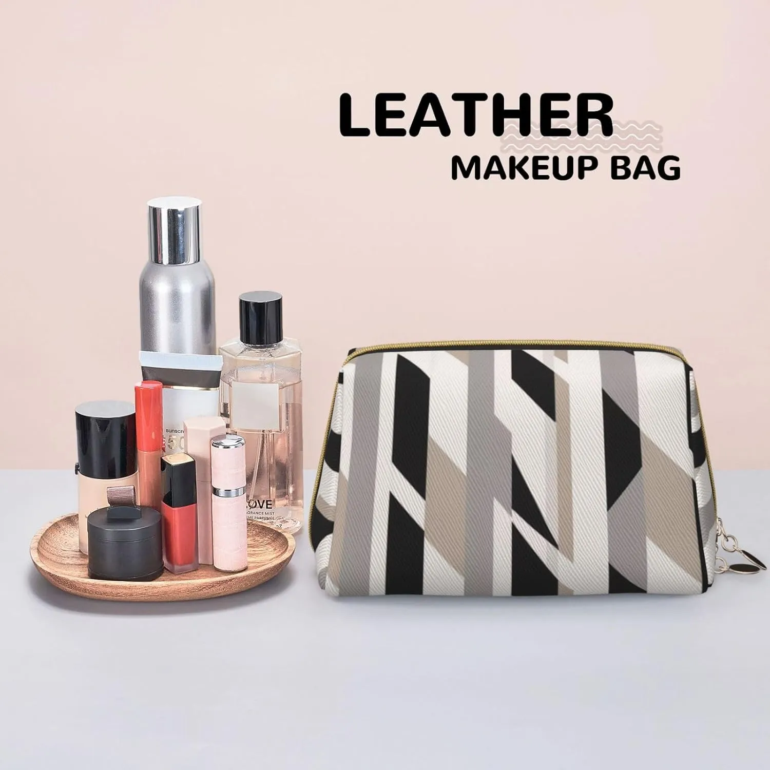 Black White Stripe Printed Small Makeup Bag,Travel Cosmetic Bag Purse with Zipper,Water-resistant Makeup Organizer Bag for Women