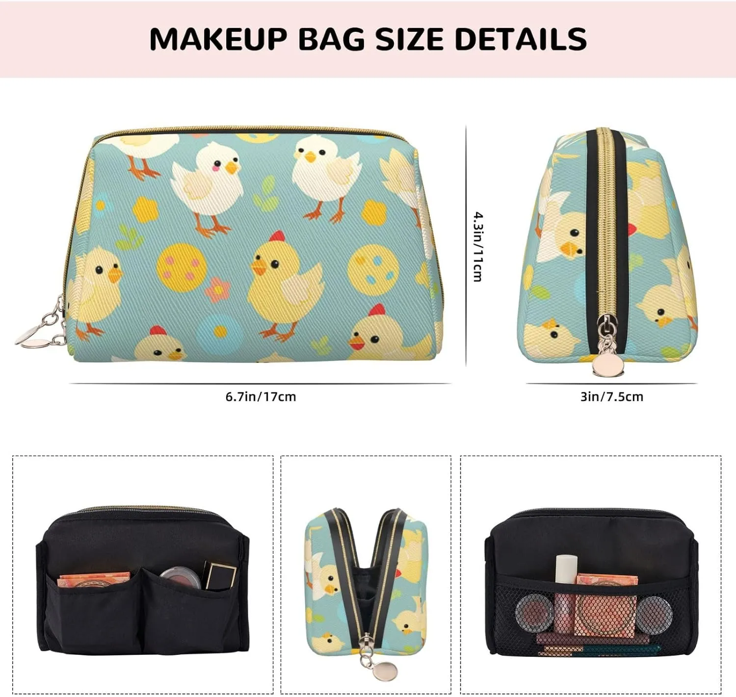 Chicken Chick Printed Small Makeup Bag,Travel Cosmetic Bag Purse with Zipper,Water-resistant Makeup Organizer Bag for Women