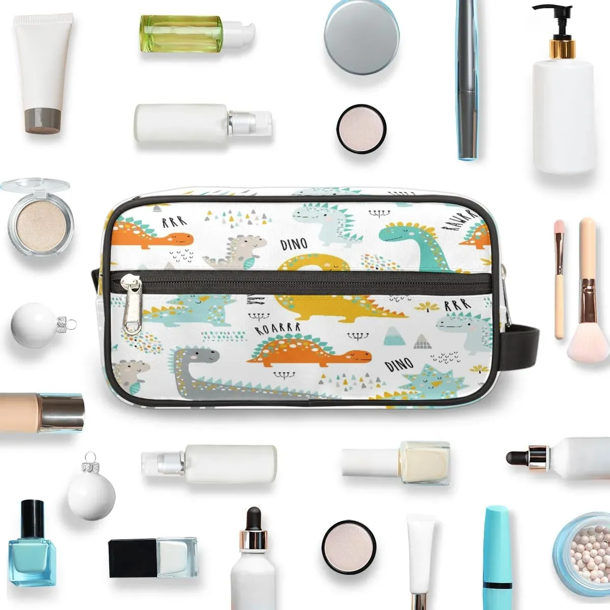 Cute Animal Dinosaurs Travel Toiletry Bag for Women Men Small Cosmetic Makeup Organizer Water Resistant Shaving Bag Portable Make Up Bag Storage Bags with Handle