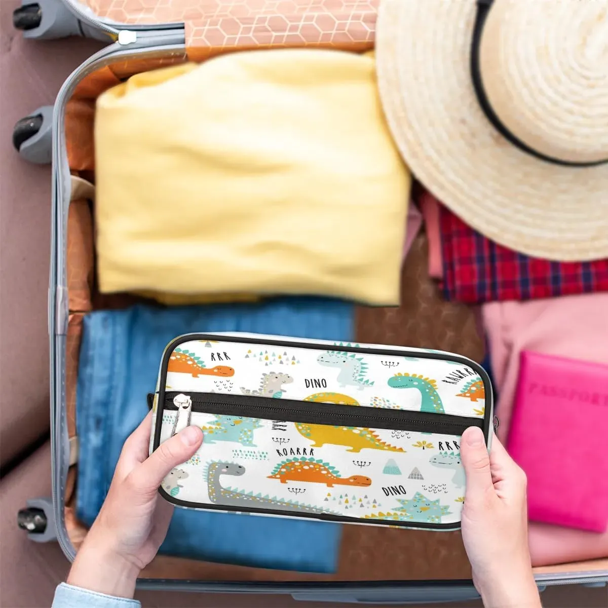 Cute Animal Dinosaurs Travel Toiletry Bag for Women Men Small Cosmetic Makeup Organizer Water Resistant Shaving Bag Portable Make Up Bag Storage Bags with Handle