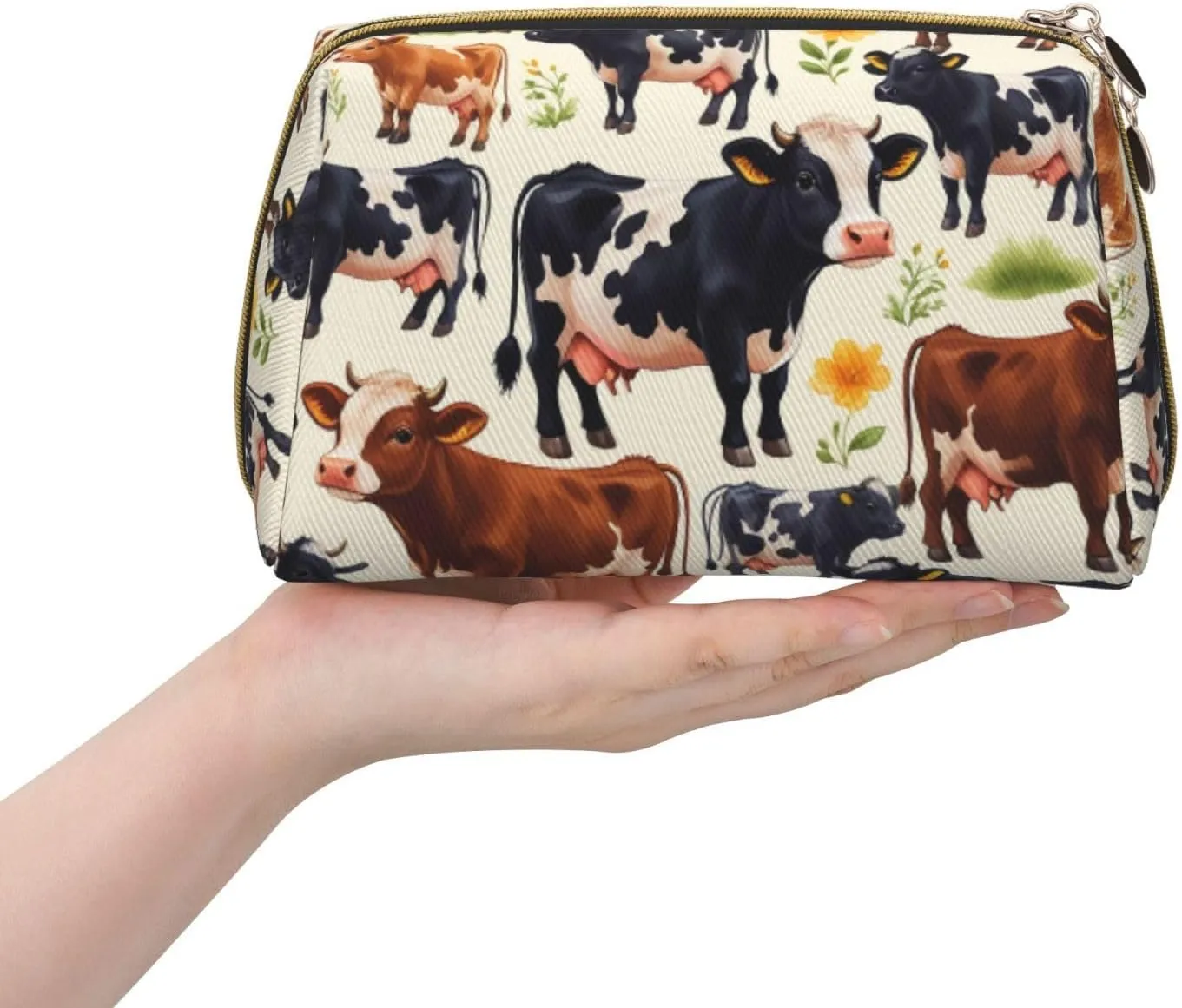 Cute Little Cow Calf Pattern Printed Small Makeup Bag,Travel Cosmetic Bag Purse with Zipper,Water-resistant Makeup Organizer Bag for Women