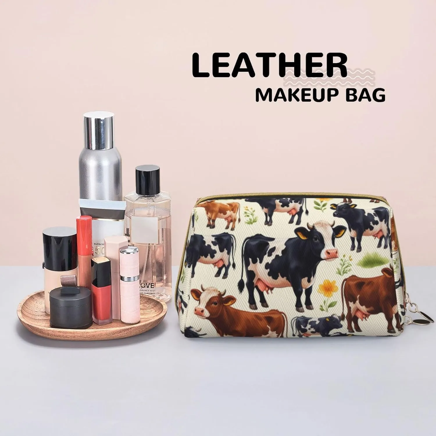 Cute Little Cow Calf Pattern Printed Small Makeup Bag,Travel Cosmetic Bag Purse with Zipper,Water-resistant Makeup Organizer Bag for Women
