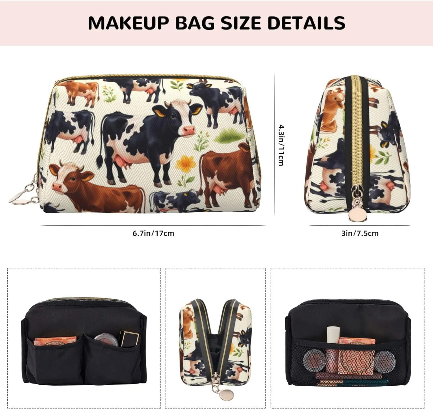 Cute Little Cow Calf Pattern Printed Small Makeup Bag,Travel Cosmetic Bag Purse with Zipper,Water-resistant Makeup Organizer Bag for Women