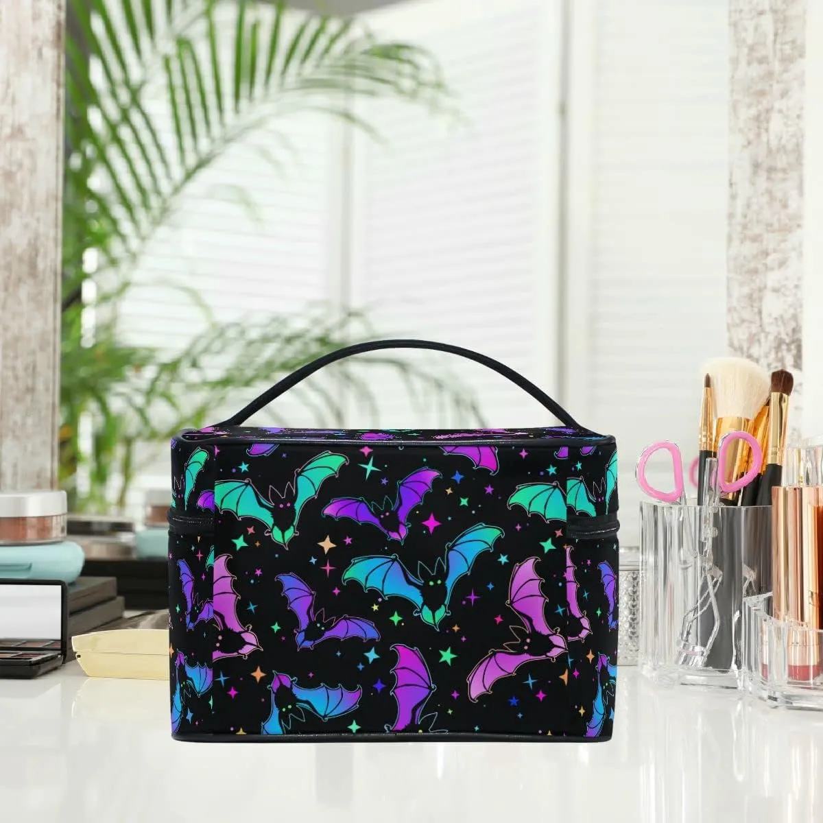 Goth Makeup Bag, Gothic Bats Halloween Luminous Makeup Organizer Bags Toiletry Bag Box Travel Cosmetic Bag Make Up Train Case for Women Teen Girl Ladies