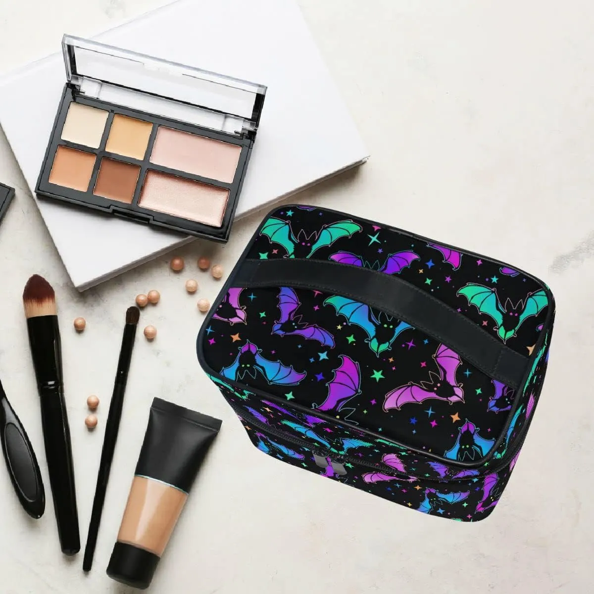 Goth Makeup Bag, Gothic Bats Halloween Luminous Makeup Organizer Bags Toiletry Bag Box Travel Cosmetic Bag Make Up Train Case for Women Teen Girl Ladies