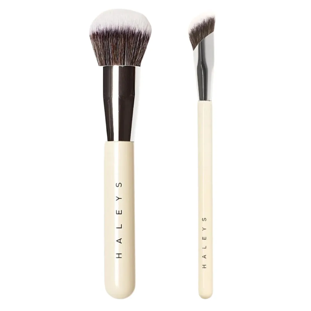 HALEYS Kabuki and Concealer Brush DUO, VEGAN   CRUELTY-FREE, Sustainable Wood, Airbrushed Finish For Creams, Liquids, Powder, Streak-free, Perfect Blending, Buffs, Blurs, Smooths with Control