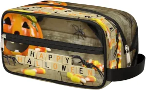 Happy Halloween Pumpkin Travel Toiletry Bag for Women Men Small Cosmetic Makeup Organizer Water Resistant Shaving Bag Portable Make Up Bag Storage Bags with Handle