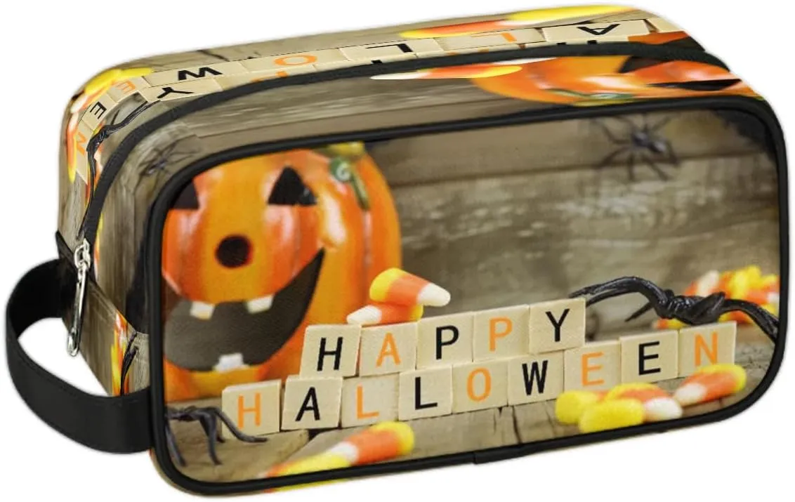 Happy Halloween Pumpkin Travel Toiletry Bag for Women Men Small Cosmetic Makeup Organizer Water Resistant Shaving Bag Portable Make Up Bag Storage Bags with Handle