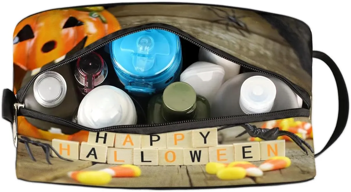 Happy Halloween Pumpkin Travel Toiletry Bag for Women Men Small Cosmetic Makeup Organizer Water Resistant Shaving Bag Portable Make Up Bag Storage Bags with Handle