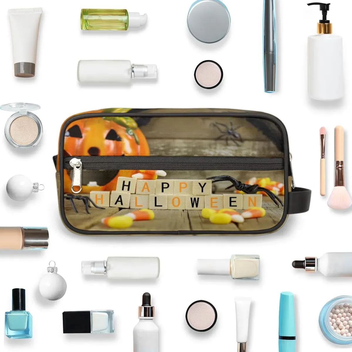 Happy Halloween Pumpkin Travel Toiletry Bag for Women Men Small Cosmetic Makeup Organizer Water Resistant Shaving Bag Portable Make Up Bag Storage Bags with Handle