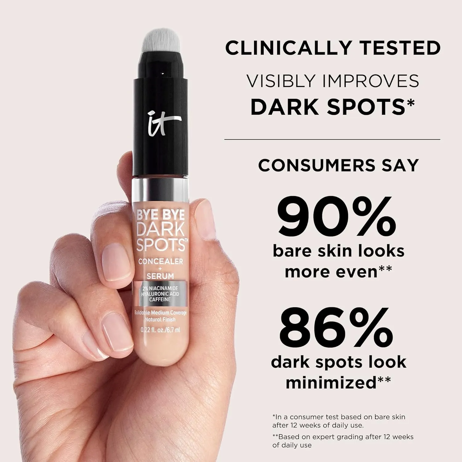 IT Cosmetics Bye Bye Dark Spots Concealer   Brightening Serum – 2% Niacinamide, Hyaluronic Acid & Caffeine - Medium Coverage, Natural Finish, All Skin Types - 0.22 fl oz