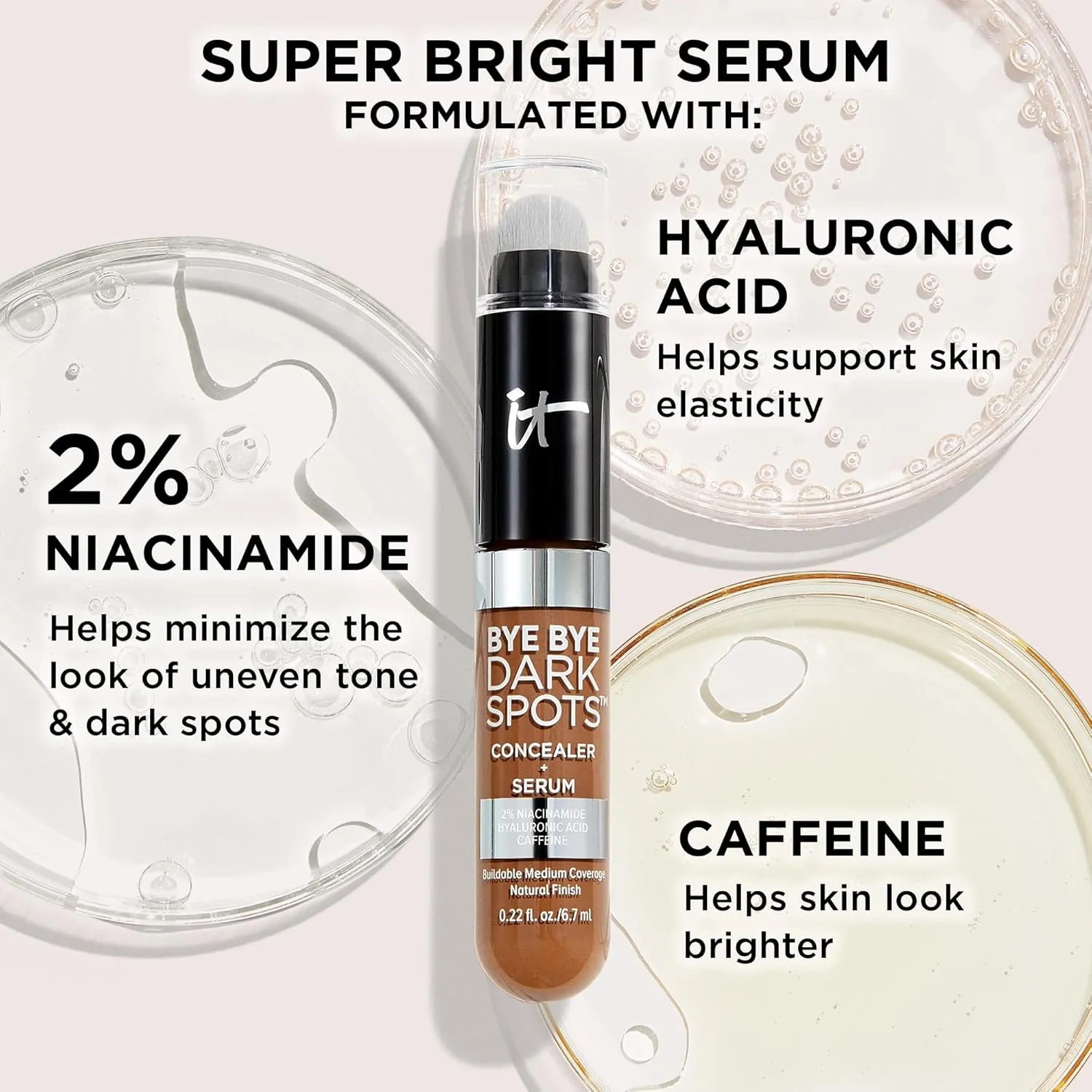 IT Cosmetics Bye Bye Dark Spots Concealer   Brightening Serum – 2% Niacinamide, Hyaluronic Acid & Caffeine - Medium Coverage, Natural Finish, All Skin Types - 0.22 fl oz