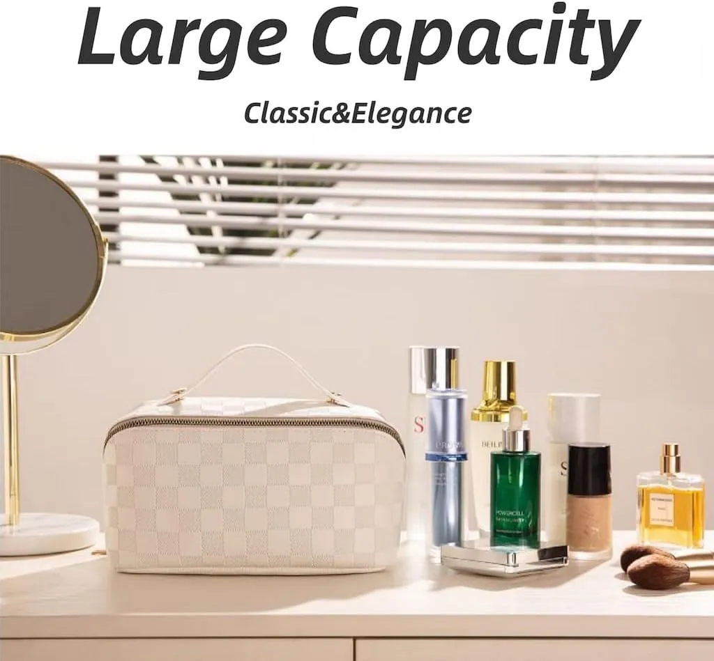 Lently Makeup Bag, Travel Cosmetic Bags for Women Make Up Bag Organizer Case Everything Makeup Bag, Large Capacity Portable (Grid, Almond Milk White)