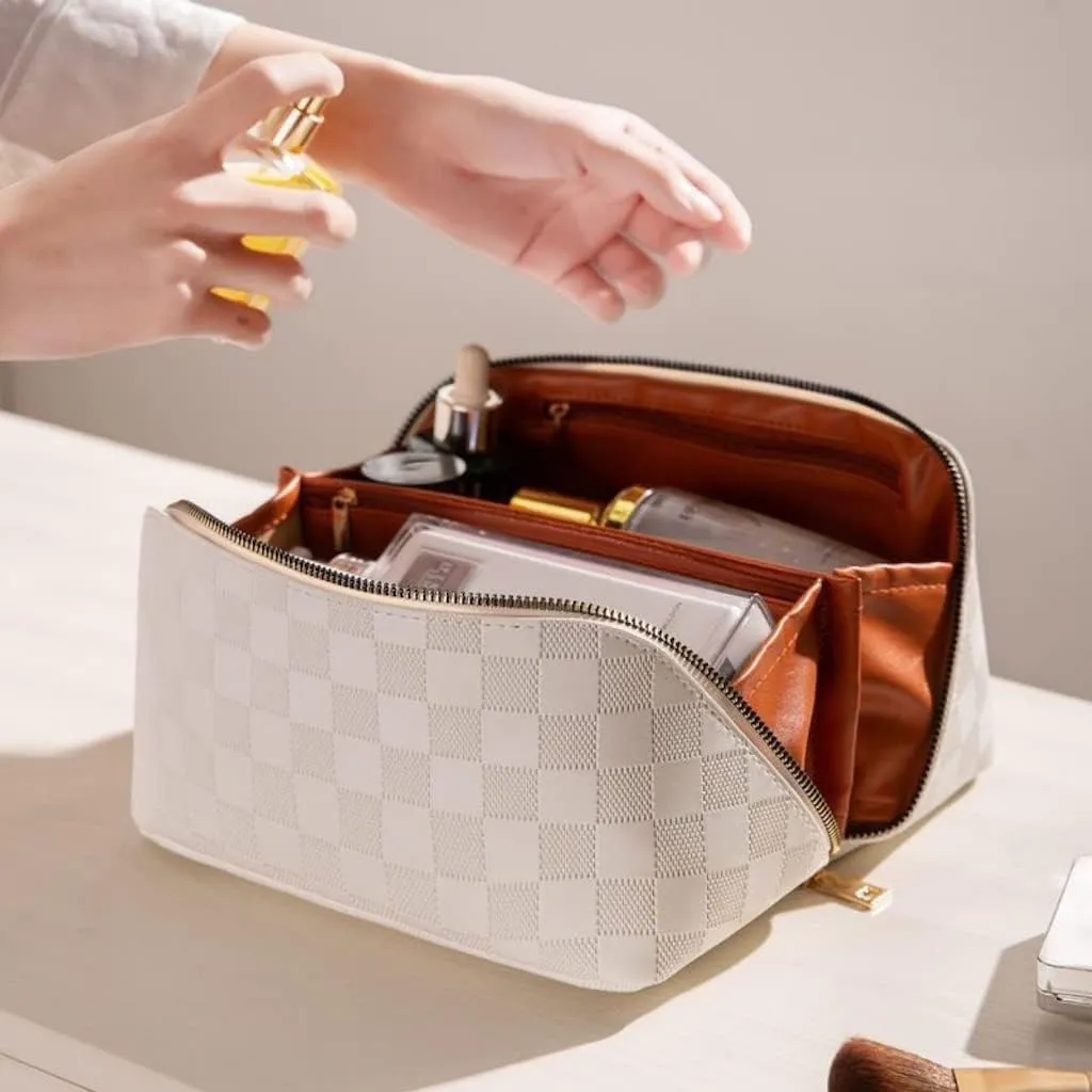Lently Makeup Bag, Travel Cosmetic Bags for Women Make Up Bag Organizer Case Everything Makeup Bag, Large Capacity Portable (Grid, Almond Milk White)