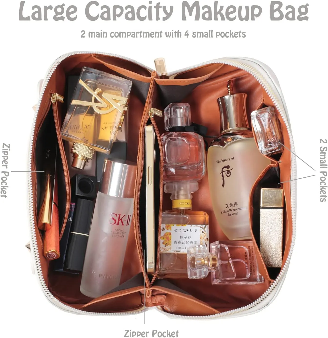 Lently Makeup Bag, Travel Cosmetic Bags for Women Make Up Bag Organizer Case Everything Makeup Bag, Large Capacity Portable (Grid, Almond Milk White)