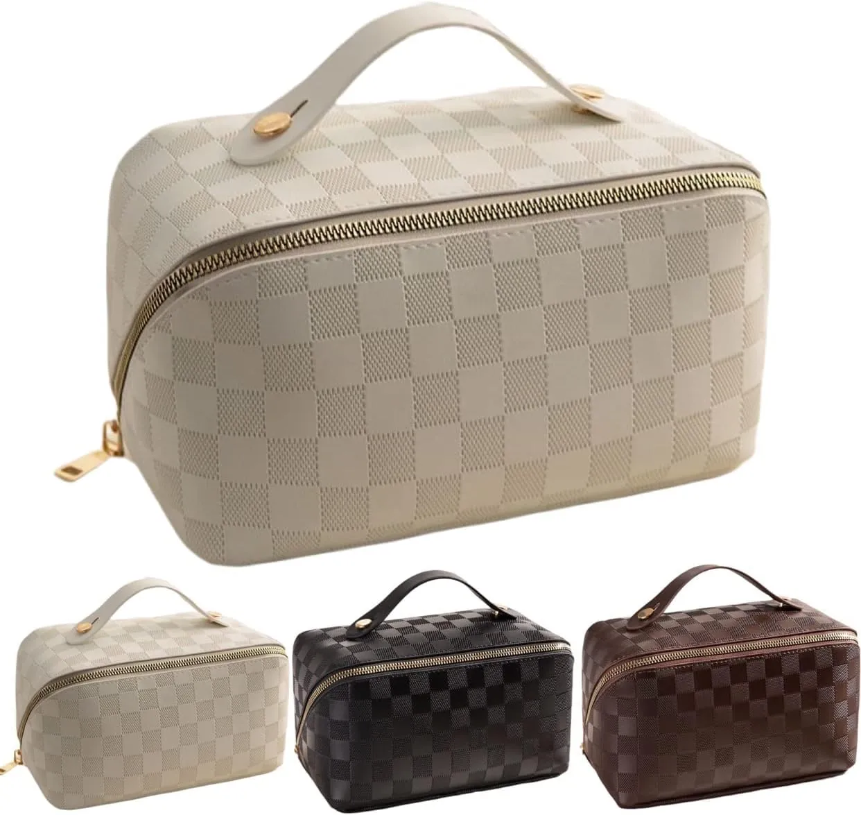 Lently Makeup Bag, Travel Cosmetic Bags for Women Make Up Bag Organizer Case Everything Makeup Bag, Large Capacity Portable (Grid, Almond Milk White)
