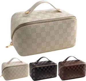Lently Makeup Bag, Travel Cosmetic Bags for Women Make Up Bag Organizer Case Everything Makeup Bag, Large Capacity Portable (Grid, Almond Milk White)