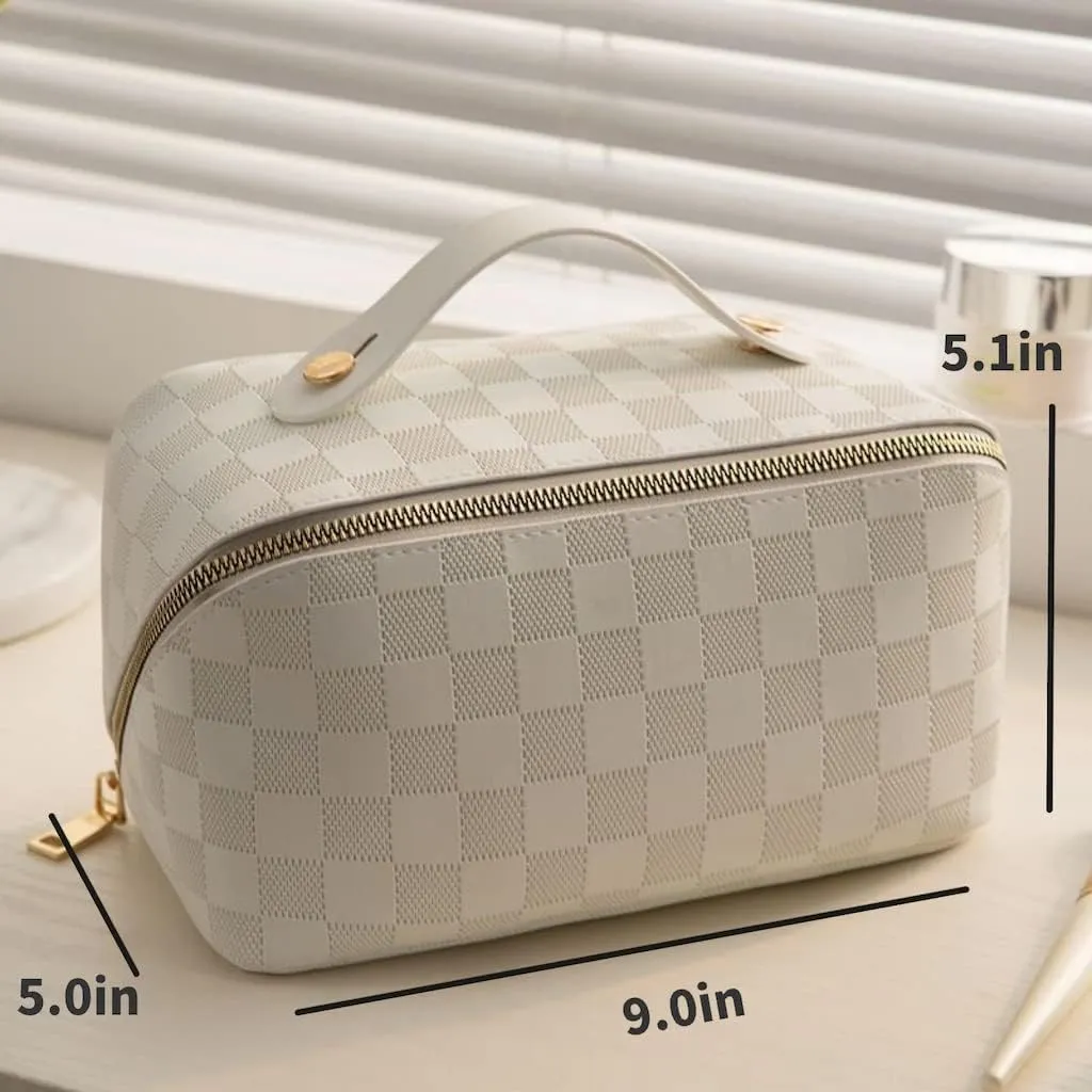 Lently Makeup Bag, Travel Cosmetic Bags for Women Make Up Bag Organizer Case Everything Makeup Bag, Large Capacity Portable (Grid, Almond Milk White)