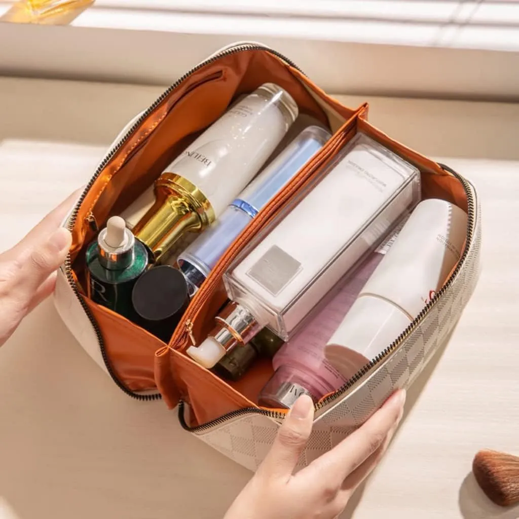 Lently Makeup Bag, Travel Cosmetic Bags for Women Make Up Bag Organizer Case Everything Makeup Bag, Large Capacity Portable (Grid, Almond Milk White)