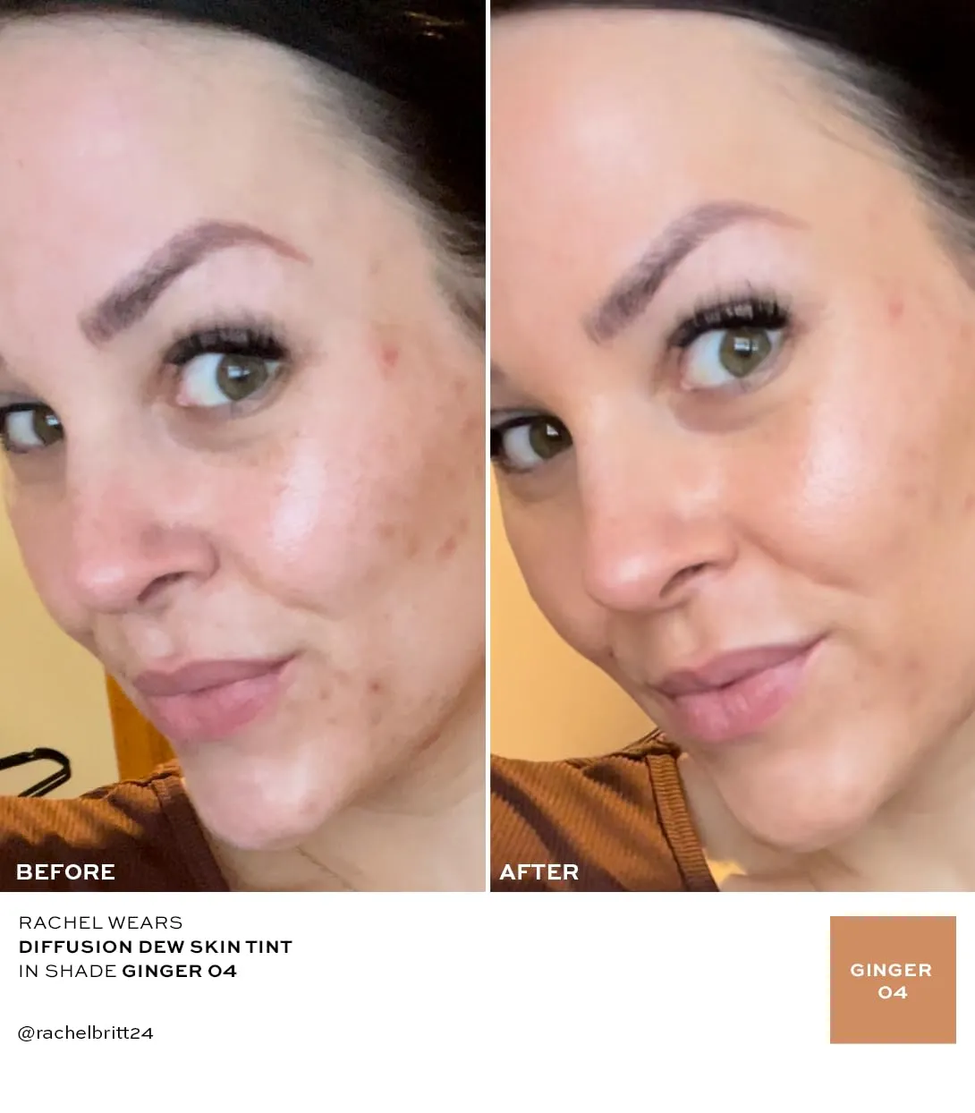 MAKE Beauty Diffusion Dew Skin Tint. Sheer to Medium Coverage Radiant Finish. Blurring, Smoothing, and Brightening for Glowing Complexion. Enhanced with Niacinamide and Adenosine. Ginger 04