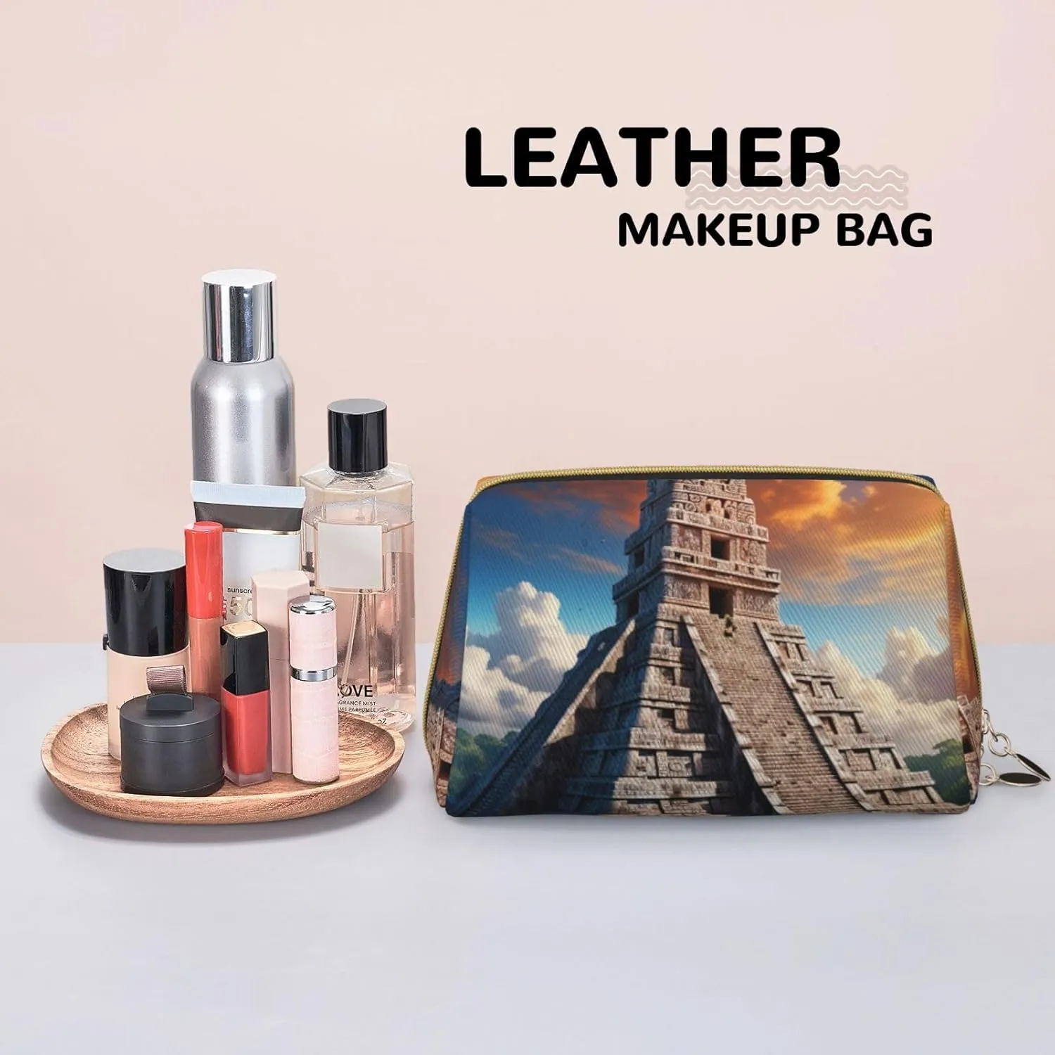 Mayan Calendar End of The World Printed Small Makeup Bag,Travel Cosmetic Bag Purse with Zipper,Water-resistant Makeup Organizer Bag for Women