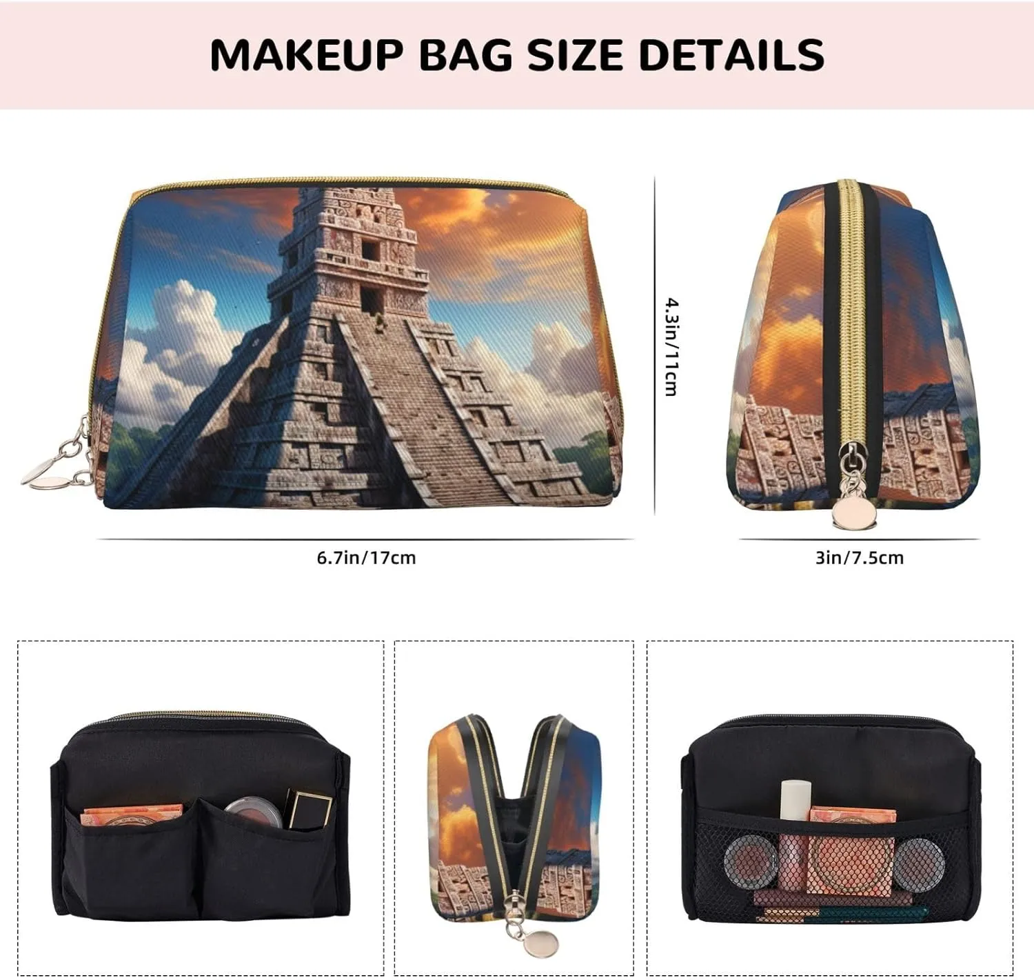 Mayan Calendar End of The World Printed Small Makeup Bag,Travel Cosmetic Bag Purse with Zipper,Water-resistant Makeup Organizer Bag for Women