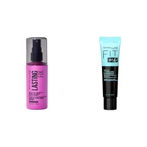 Maybelline New York Facestudio Lasting Fix Makeup Setting Spray, 3.4 fl. oz. and Fit Me Matte   Poreless Mattifying Face Primer Makeup With Sunscreen, SPF 20, 1 Count