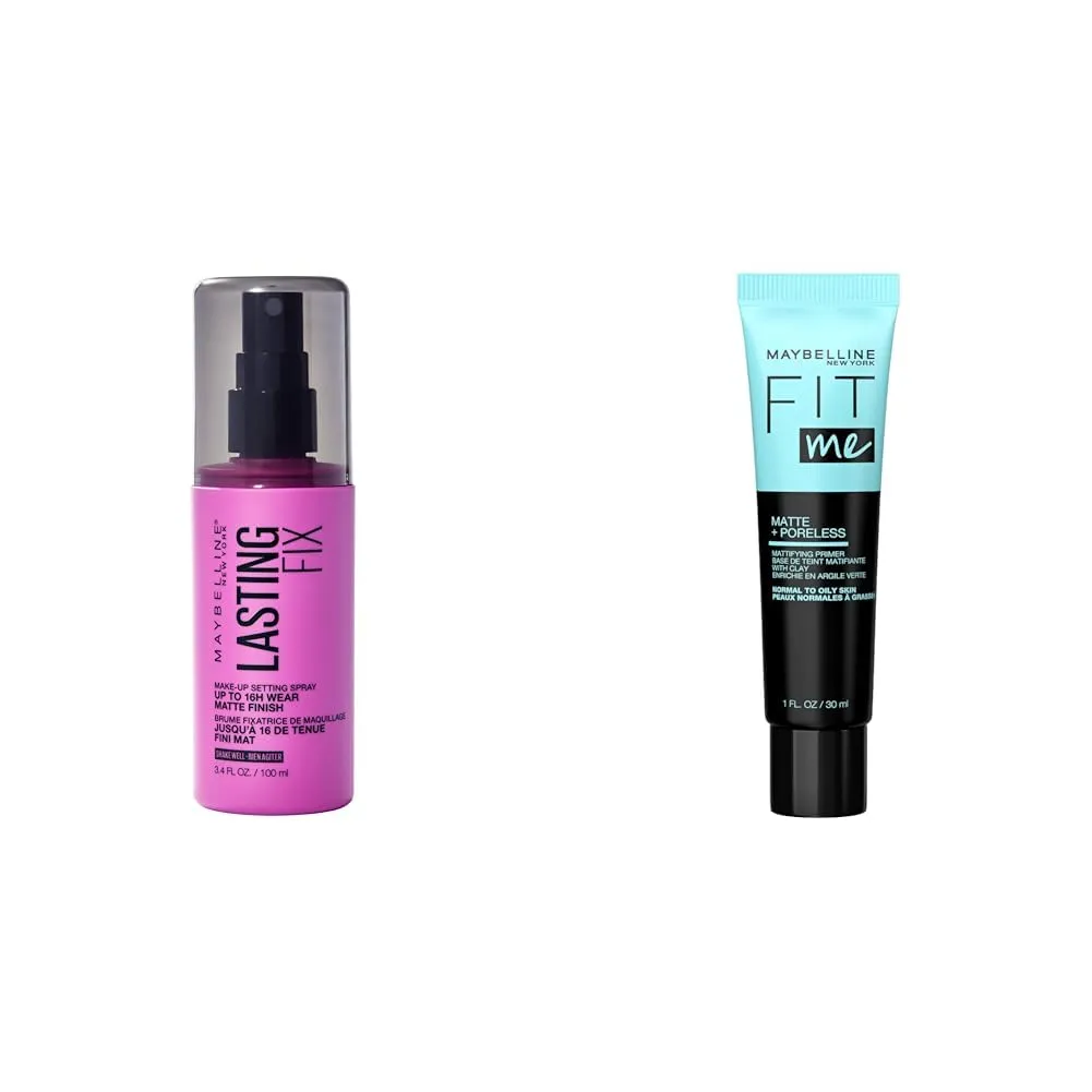 Maybelline New York Facestudio Lasting Fix Makeup Setting Spray, 3.4 fl. oz. and Fit Me Matte   Poreless Mattifying Face Primer Makeup With Sunscreen, SPF 20, 1 Count
