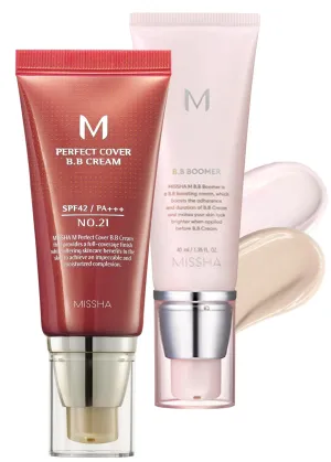 MISSHA BB ESSENTIALS KIT M PERFECT COVER BB CREAM No.21 Light Beige - Light with Cool Undertone/SPF 42 PA    1.69 oz & M BB Boomer 1.35 oz -Lightweight, Multi-Function, High Coverage