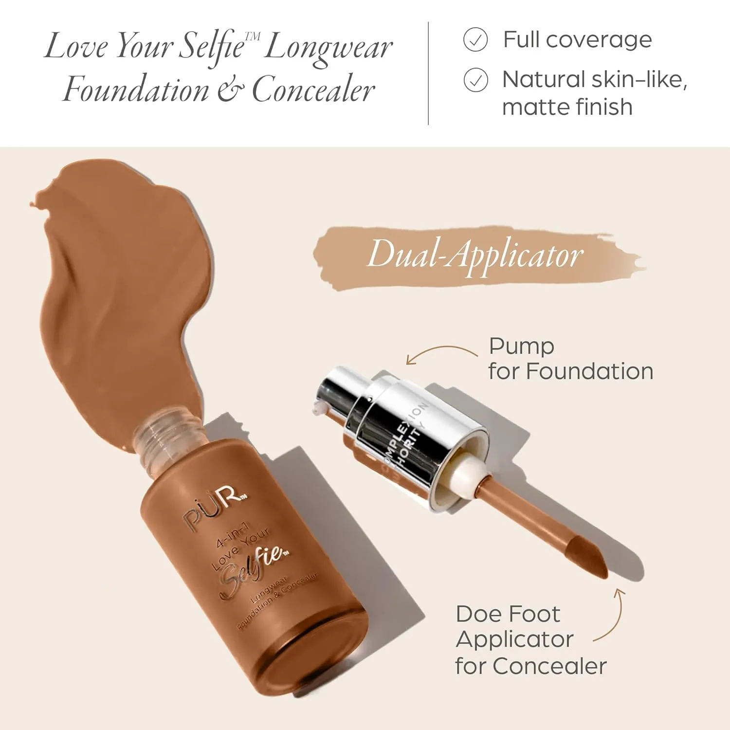 PUR Beauty 4-in-1 Love Your Selfie Foundation & Concealer - Longwear Full Coverage Liquid Makeup Foundation with Hydrating Blend for Refined-Looking, Natural Beauty Glow, Skin Texture & Tone