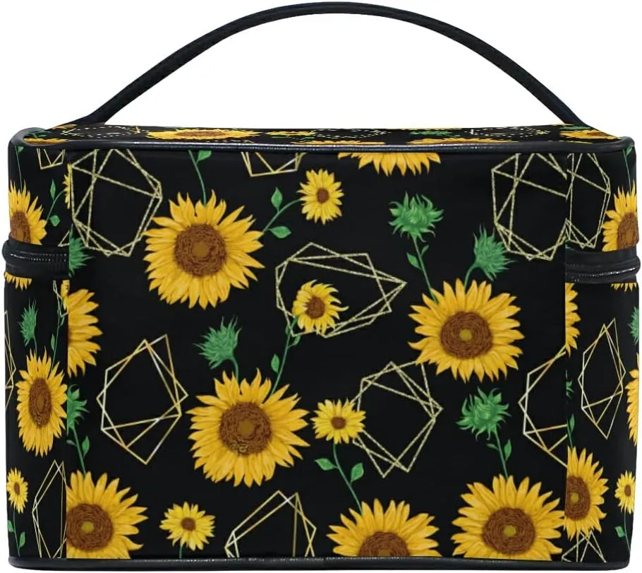 Sunflowers Makeup Bag, Flower Makeup Organizer Bags Toiletry Bag Box Travel Cosmetic Bag Make Up Train Case for Women Teen Girl Ladies