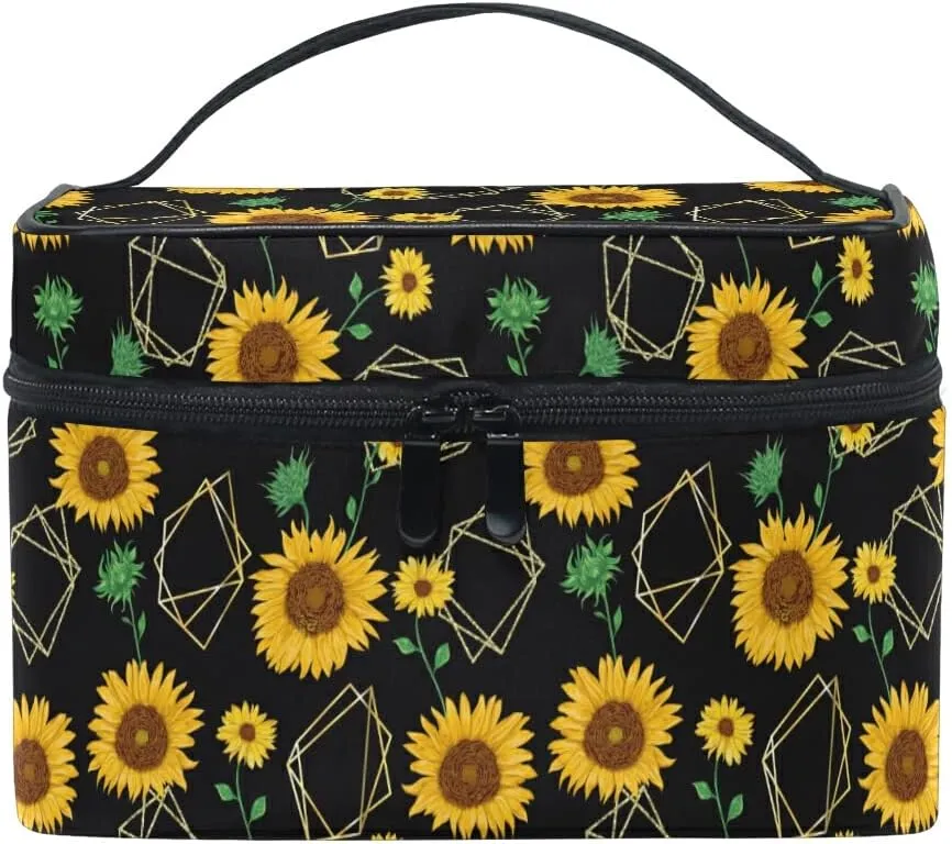 Sunflowers Makeup Bag, Flower Makeup Organizer Bags Toiletry Bag Box Travel Cosmetic Bag Make Up Train Case for Women Teen Girl Ladies