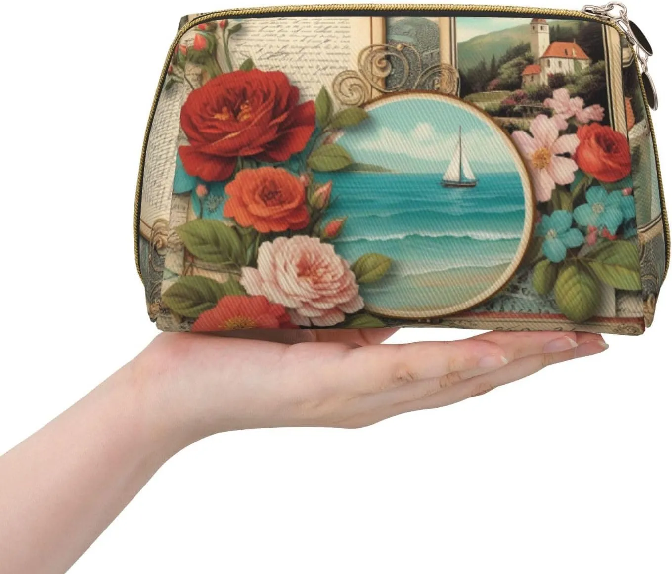 Vintage Voyage Printed Small Makeup Bag,Travel Cosmetic Bag Purse with Zipper,Water-resistant Makeup Organizer Bag for Women