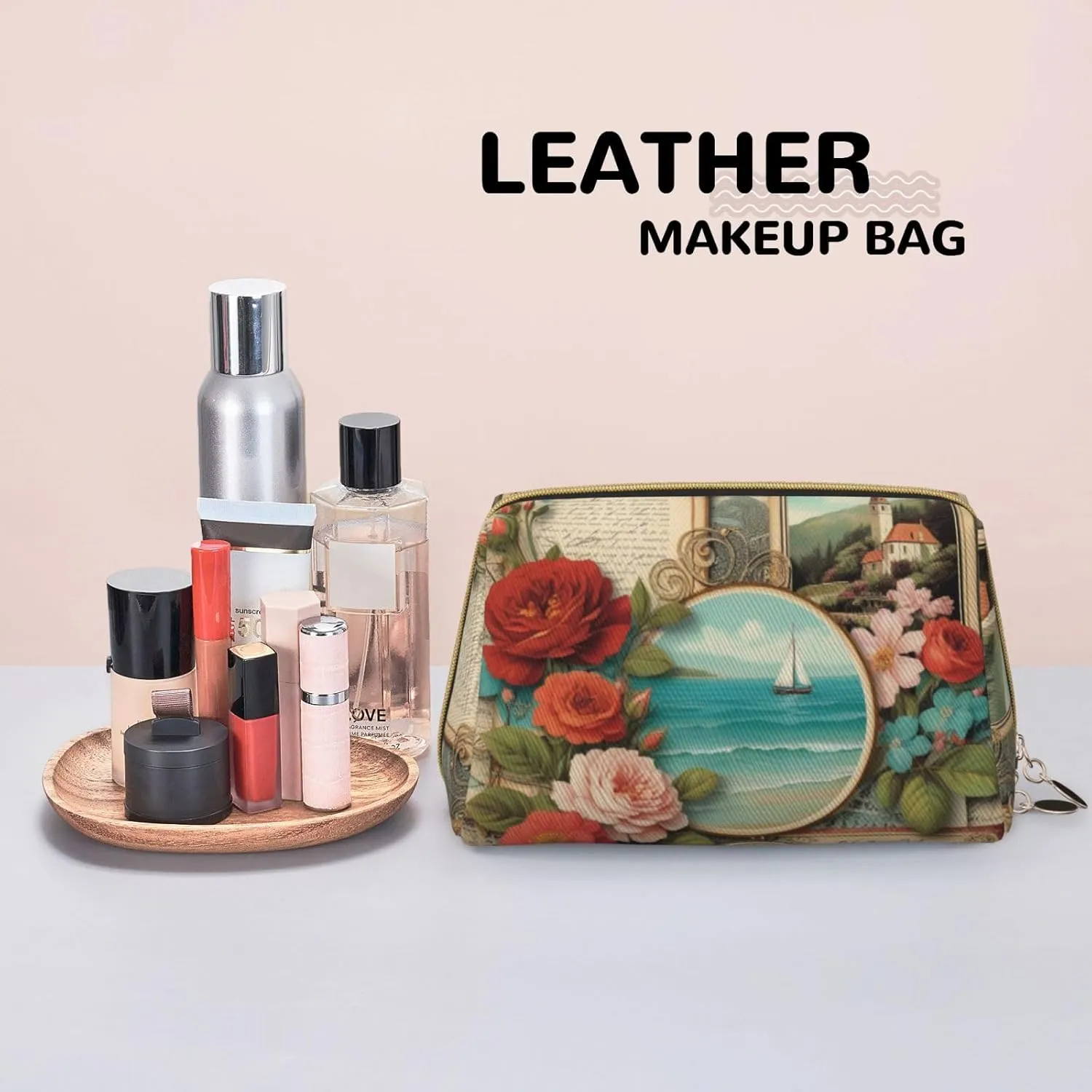 Vintage Voyage Printed Small Makeup Bag,Travel Cosmetic Bag Purse with Zipper,Water-resistant Makeup Organizer Bag for Women
