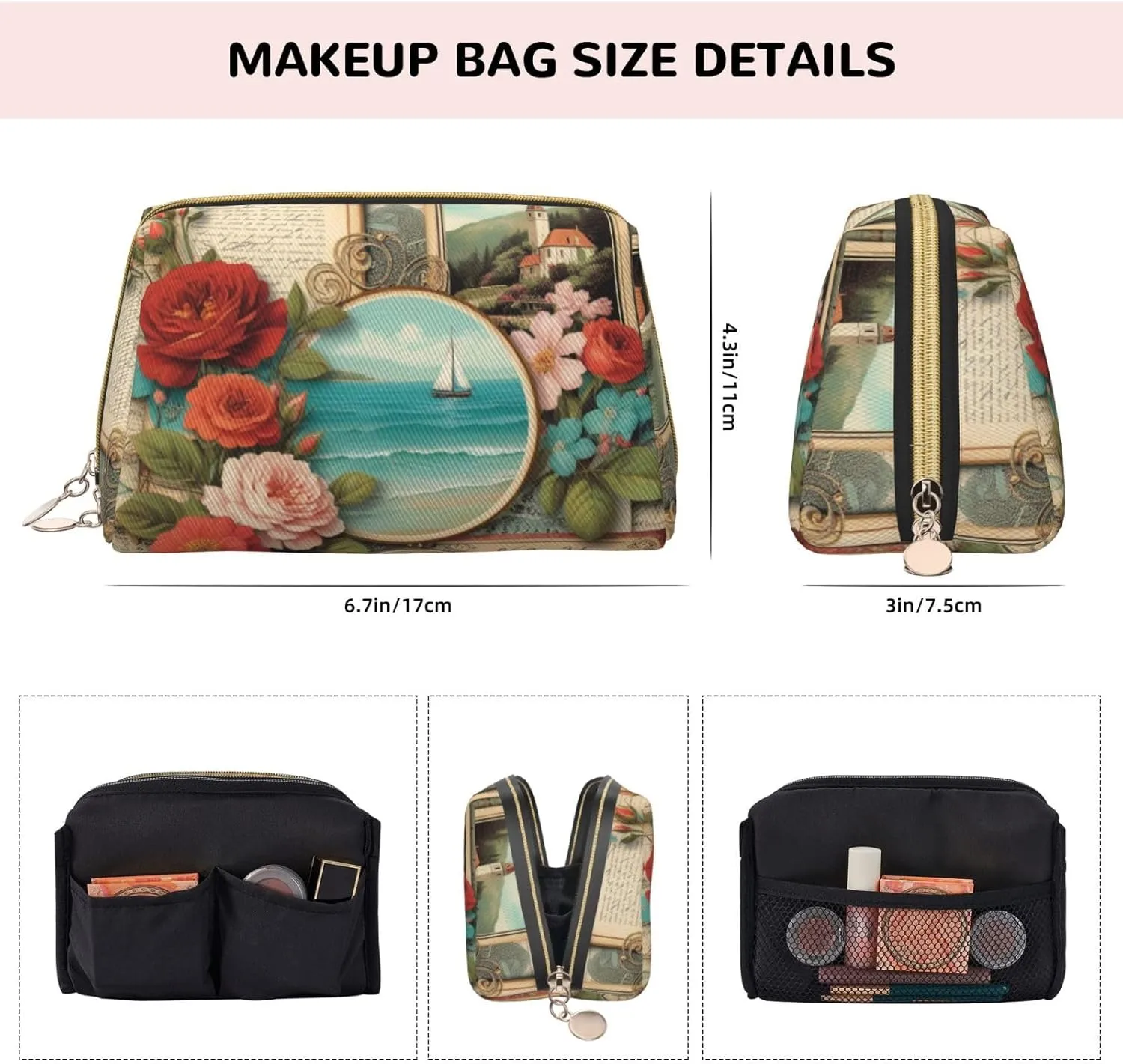 Vintage Voyage Printed Small Makeup Bag,Travel Cosmetic Bag Purse with Zipper,Water-resistant Makeup Organizer Bag for Women